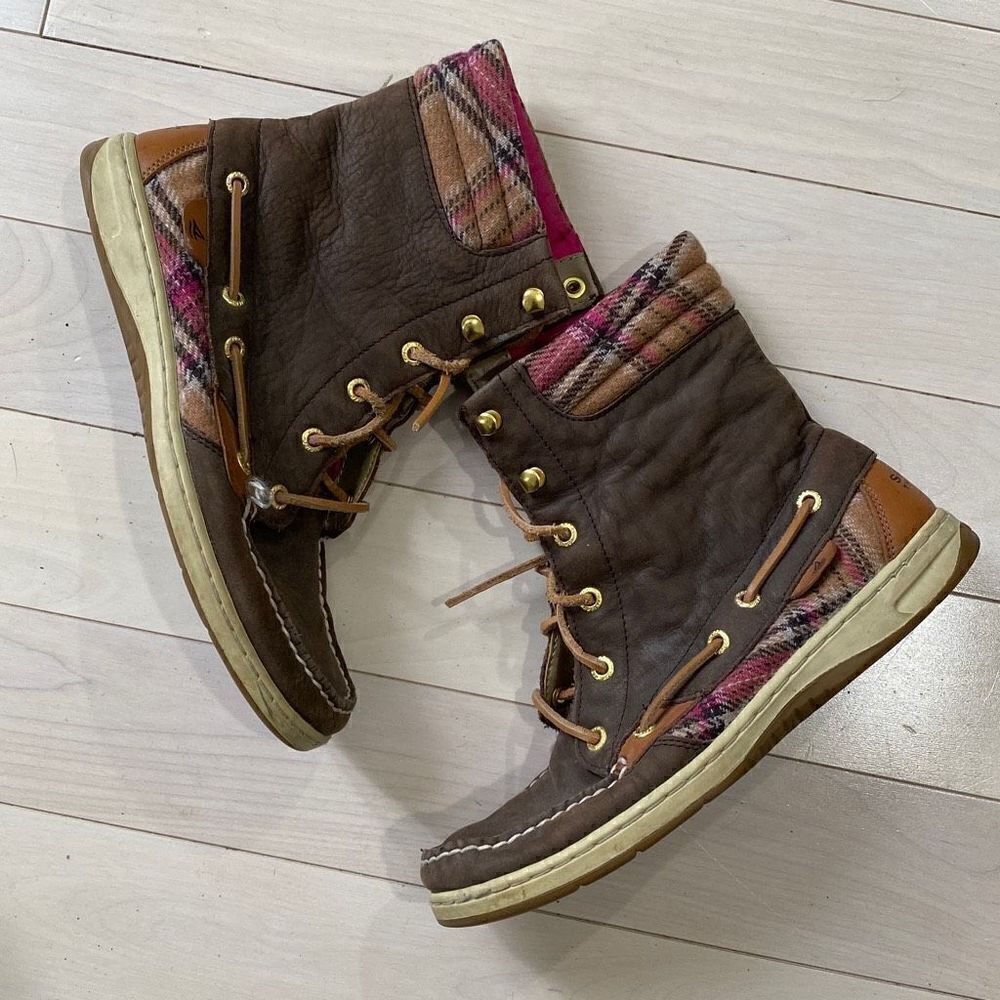 Sperry Women's Hikerfish Plaid Lace-up Leather Boots Brown & Pink Size 8M